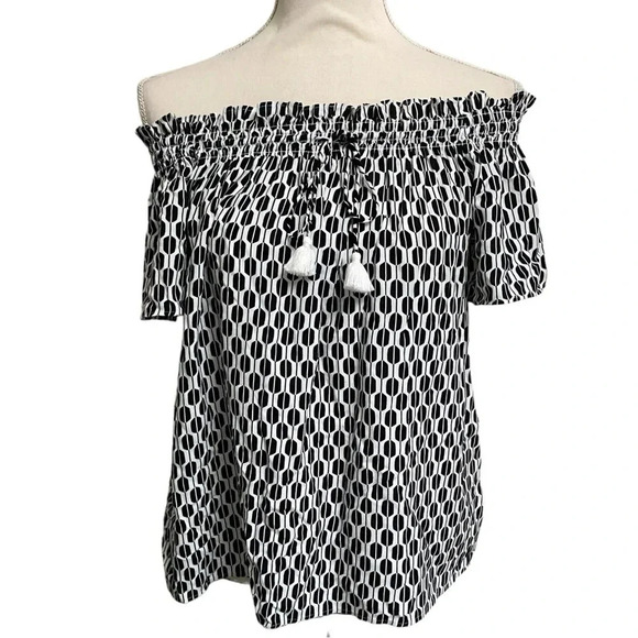 Kate Spade Off Shoulder Tassel Top Black White Abstract Print XXS Rayon - Picture 9 of 16